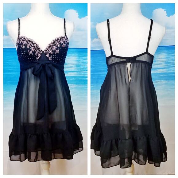 INNER SECRETS Womans BLACK Sheer Babydoll Built in Bra Adjustable fit size Lg - Picture 1 of 9